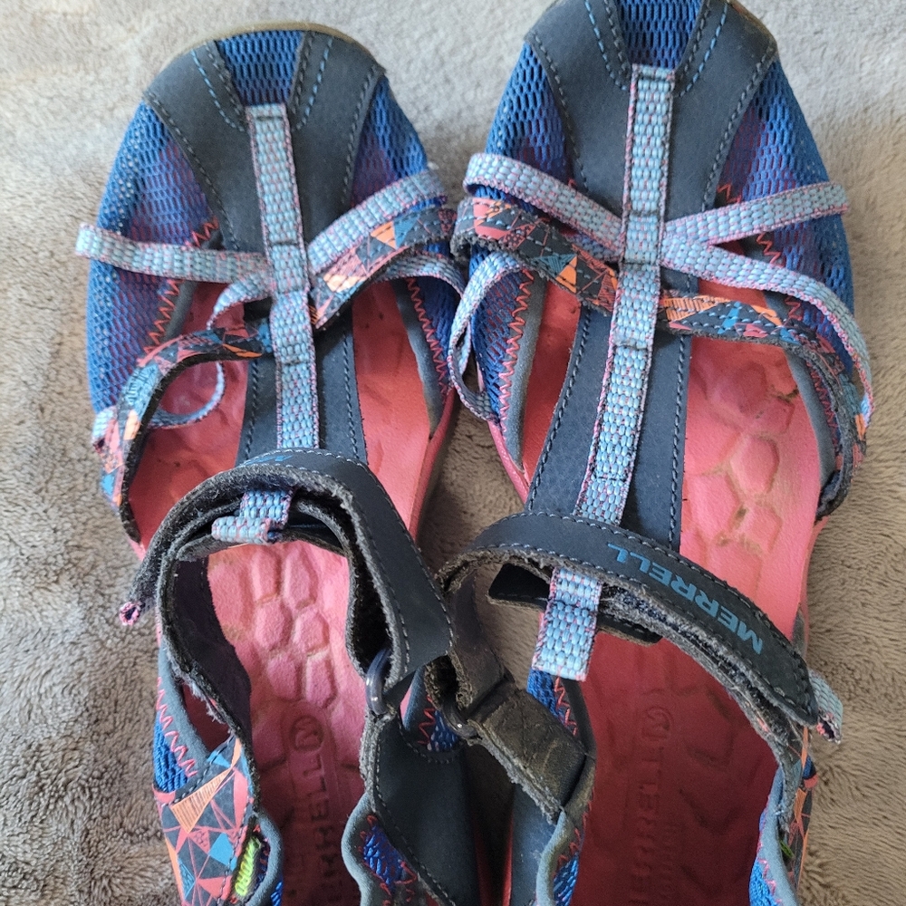 Merrell Unisex Blue Pink Shoes Size 7w Mens 8.5w Women's Leather Upper EUC